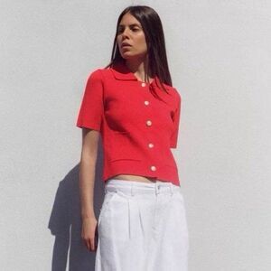 NWT $50 Zara Women’s Red Short Sleeve Collared Lady-like Cardigan Sweater Medium